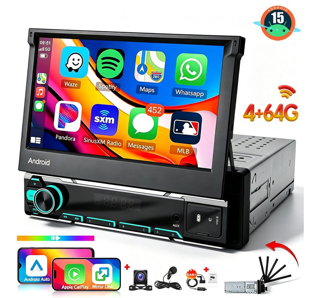 ESSGOO DAB+ 4+64G 1 DIN 7 Zoll Flip Out Android 15 Carplay Autoradio GPS WIFI Autoradio (Apple Carplay Android Auto GPS Navi WIFI BT EQ)