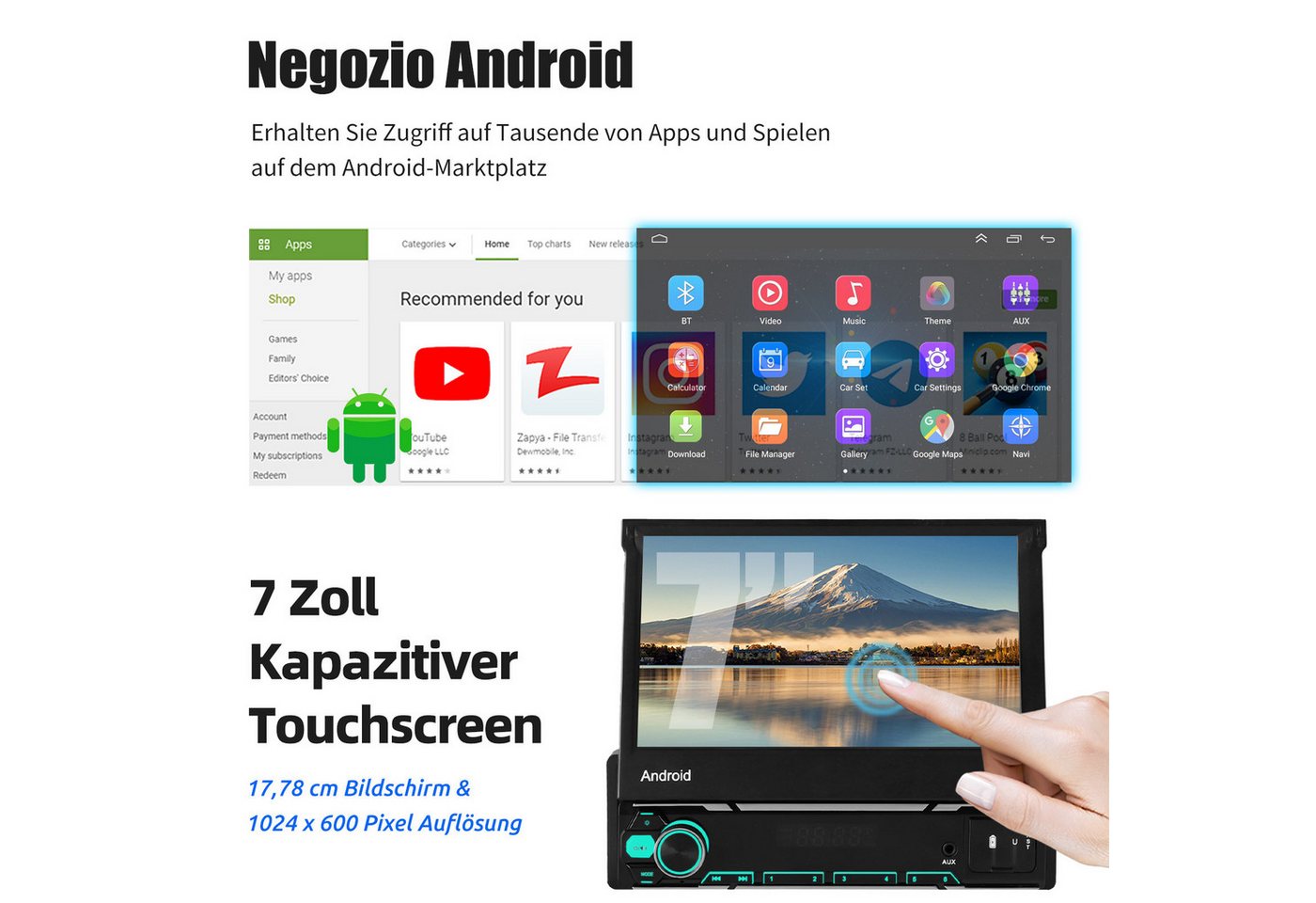 ESSGOO DAB+ 4+64G 1 DIN 7 Zoll Flip Out Android 15 Carplay Autoradio GPS WIFI Autoradio (Apple Carplay Android Auto GPS Navi WIFI BT EQ) Bild 2
