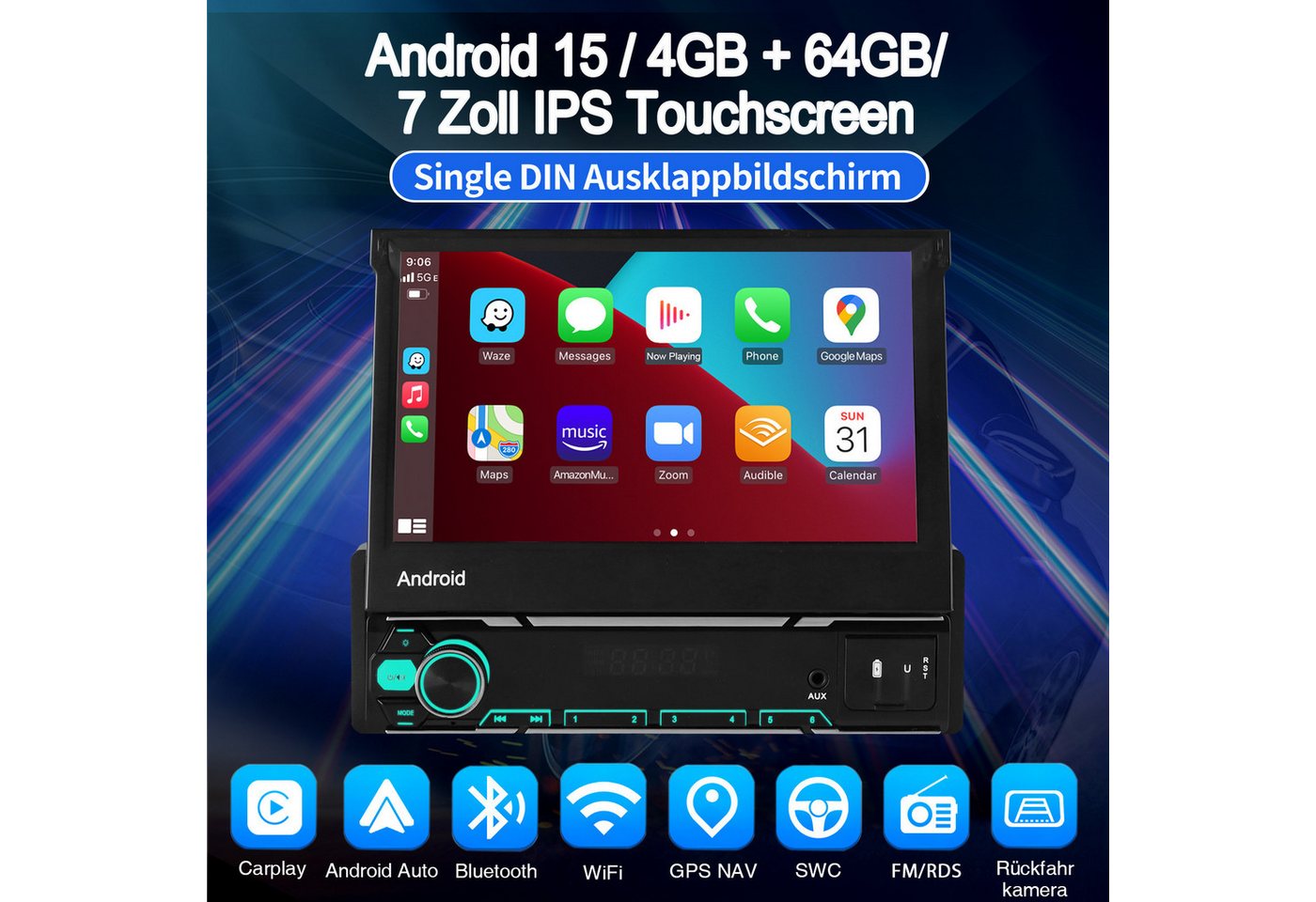 ESSGOO DAB+ 4+64G 1 DIN 7 Zoll Flip Out Android 15 Carplay Autoradio GPS WIFI Autoradio (Apple Carplay Android Auto GPS Navi WIFI BT EQ) Bild 3