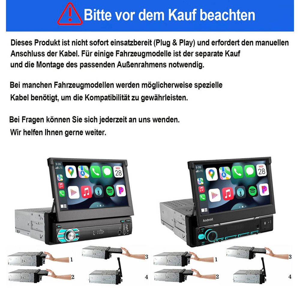 ESSGOO DAB+ 4+64G 1 DIN 7 Zoll Flip Out Android 15 Carplay Autoradio GPS WIFI Autoradio (Apple Carplay Android Auto GPS Navi WIFI BT EQ) Bild 4
