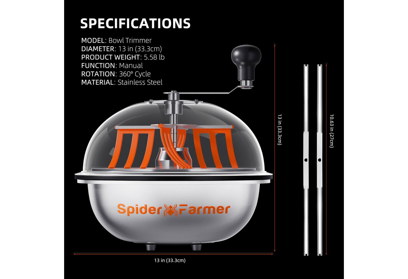 Spider Farmer Zerkleinerer Spider Farmer Bud Leaf Bowl Trimmer, 33cm Edelstahl Trimmer mit Handkurbel