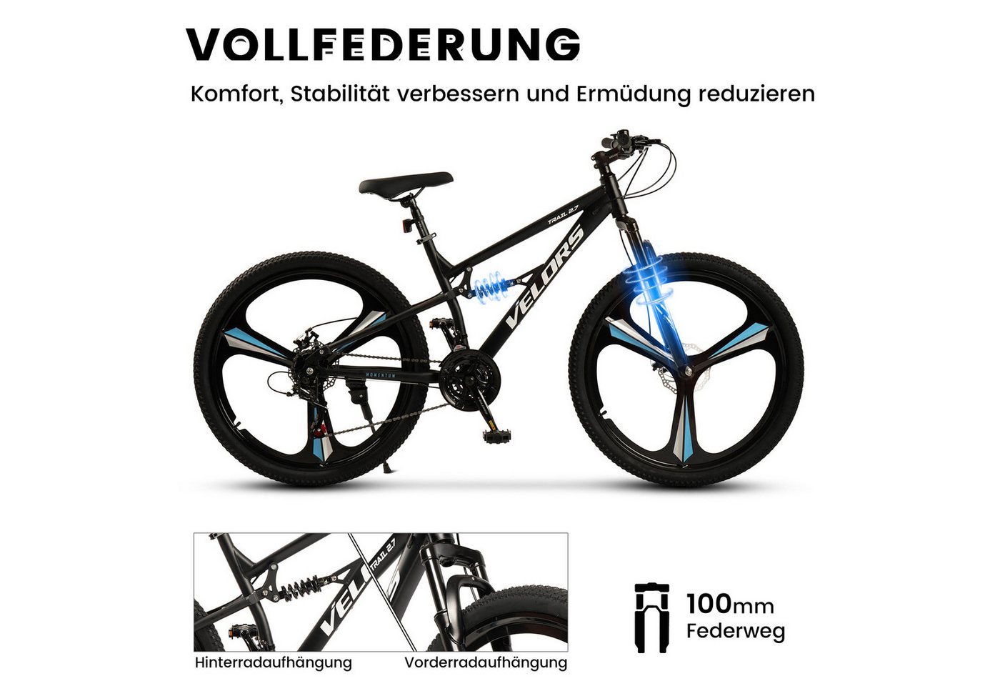 Velors Mountainbike 27.5 29 Zoll Fahrrad für Herren Damen, 21 Gang Shimano Tourney Schaltwerk, Kettenschaltung, (Magnesiumfelgen mit 3 Speichen), Kettenschaltung Jugendfahrrad MTB Fully Fahrrad