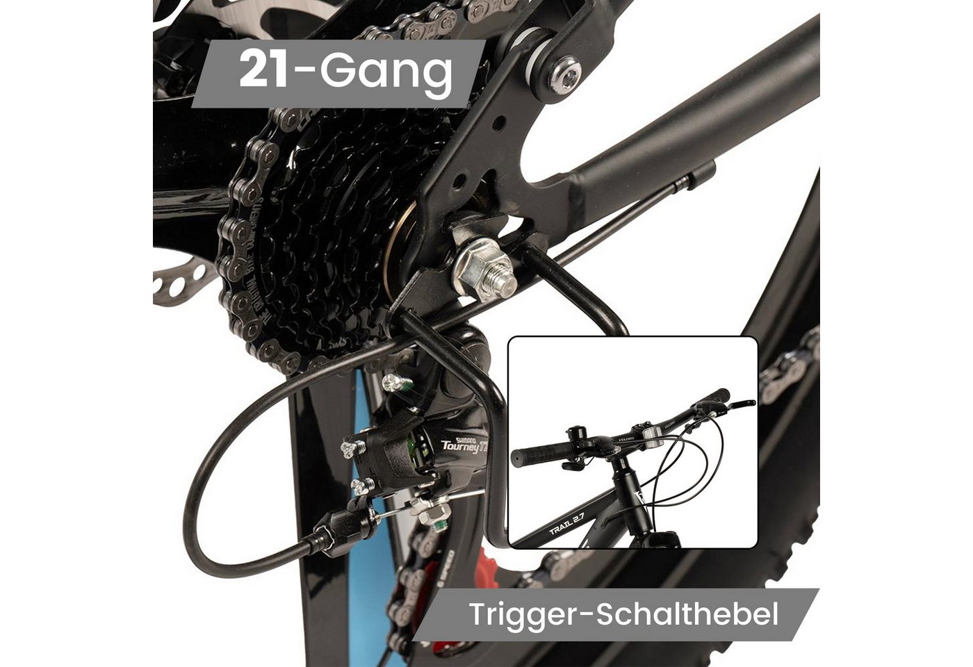 Velors Mountainbike 27.5 29 Zoll Fahrrad für Herren Damen, 21 Gang Shimano Tourney Schaltwerk, Kettenschaltung, (Magnesiumfelgen mit 3 Speichen), Kettenschaltung Jugendfahrrad MTB Fully Fahrrad Bild 5