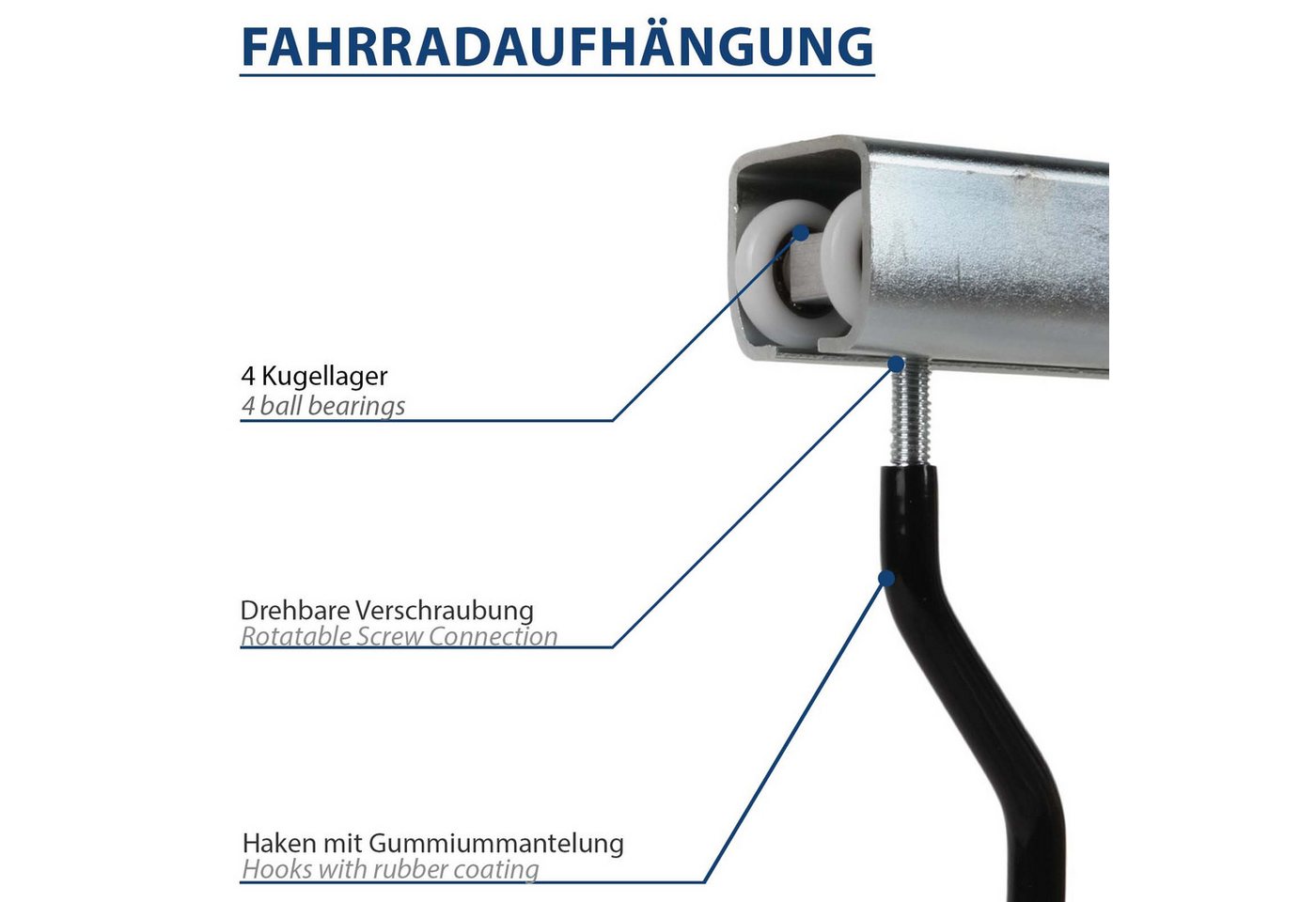 ATTAS Fahrradhalter Aufhängung Schiene, 5 Laufwagen mit Fahrradhaken, Verzinkter Stahl (Set, 1-2M Länge), Fahrradaufhängung Bild 2