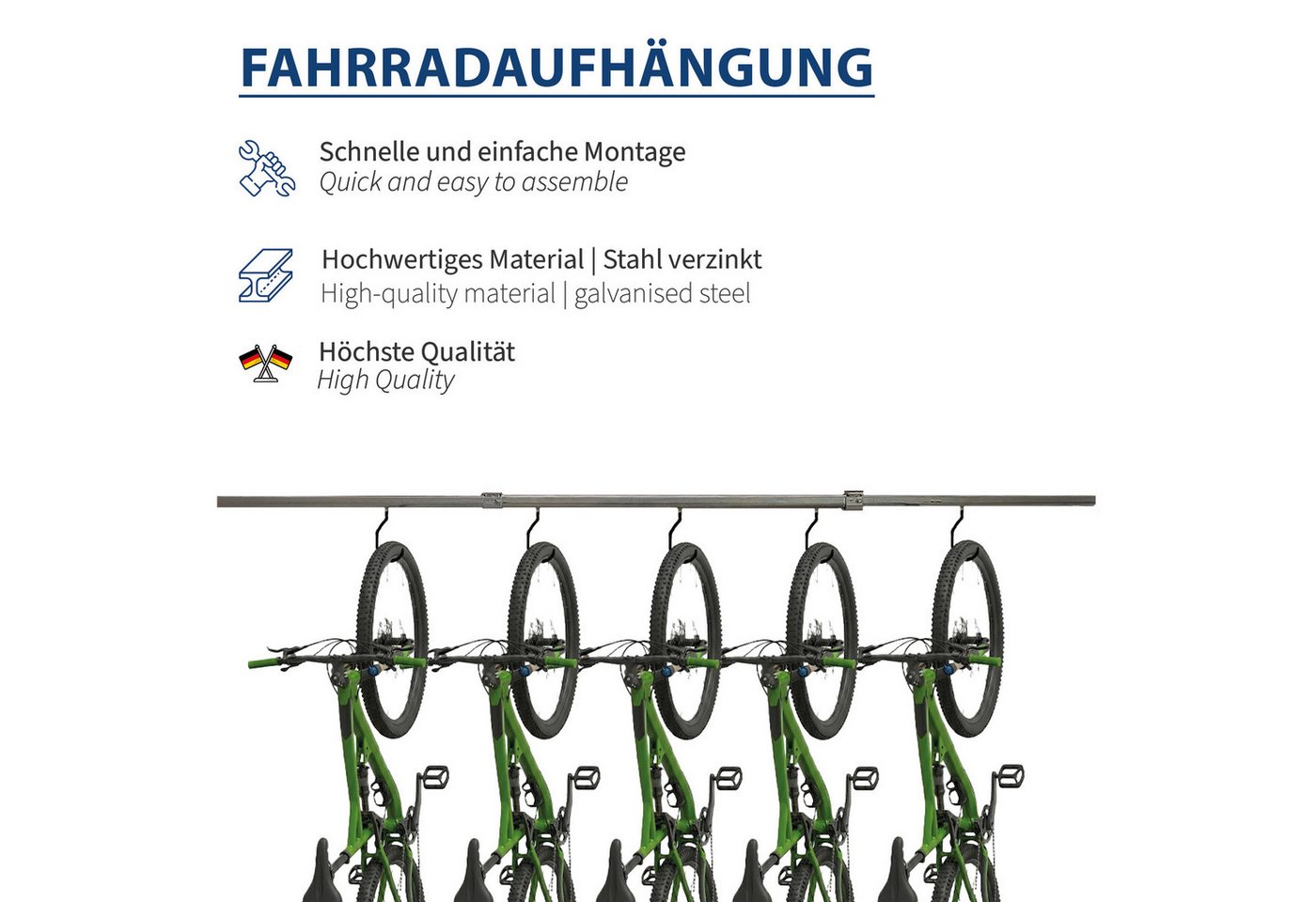 ATTAS Fahrradhalter Aufhängung Schiene, 5 Laufwagen mit Fahrradhaken, Verzinkter Stahl (Set, 1-2M Länge), Fahrradaufhängung Bild 4