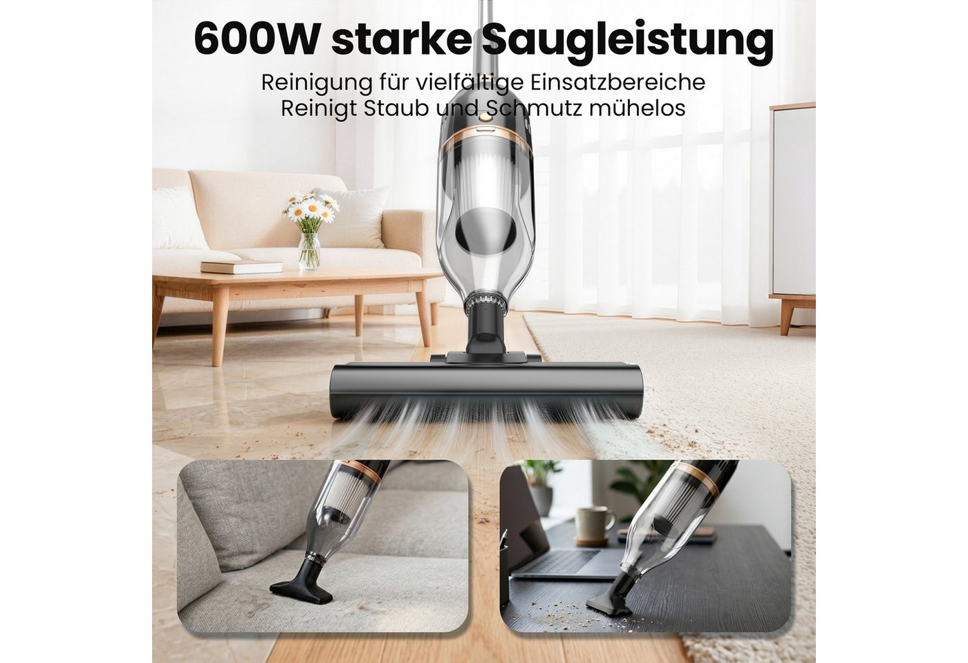 INSE Bodenstaubsauger Kabelgebundener Stabstaubsauger,5 Meter Stromkabel, 600 W, beutellos, Leichtgewicht,kabelgebunden,600W Hochleistungsmotor Bild 2