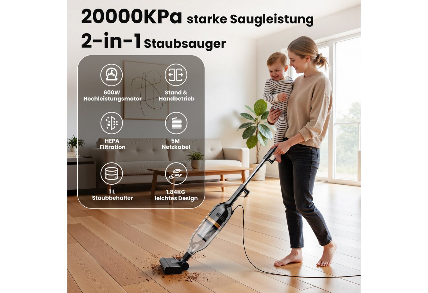 INSE Bodenstaubsauger Kabelgebundener Stabstaubsauger,5 Meter Stromkabel, 600 W, beutellos, Leichtgewicht,kabelgebunden,600W Hochleistungsmotor Bild 3