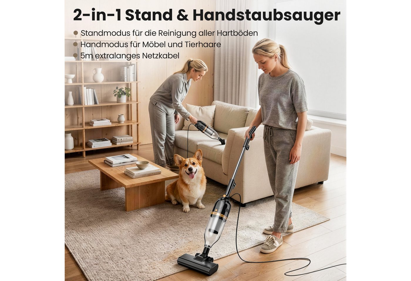 INSE Bodenstaubsauger Kabelgebundener Stabstaubsauger,5 Meter Stromkabel, 600 W, beutellos, Leichtgewicht,kabelgebunden,600W Hochleistungsmotor Bild 5