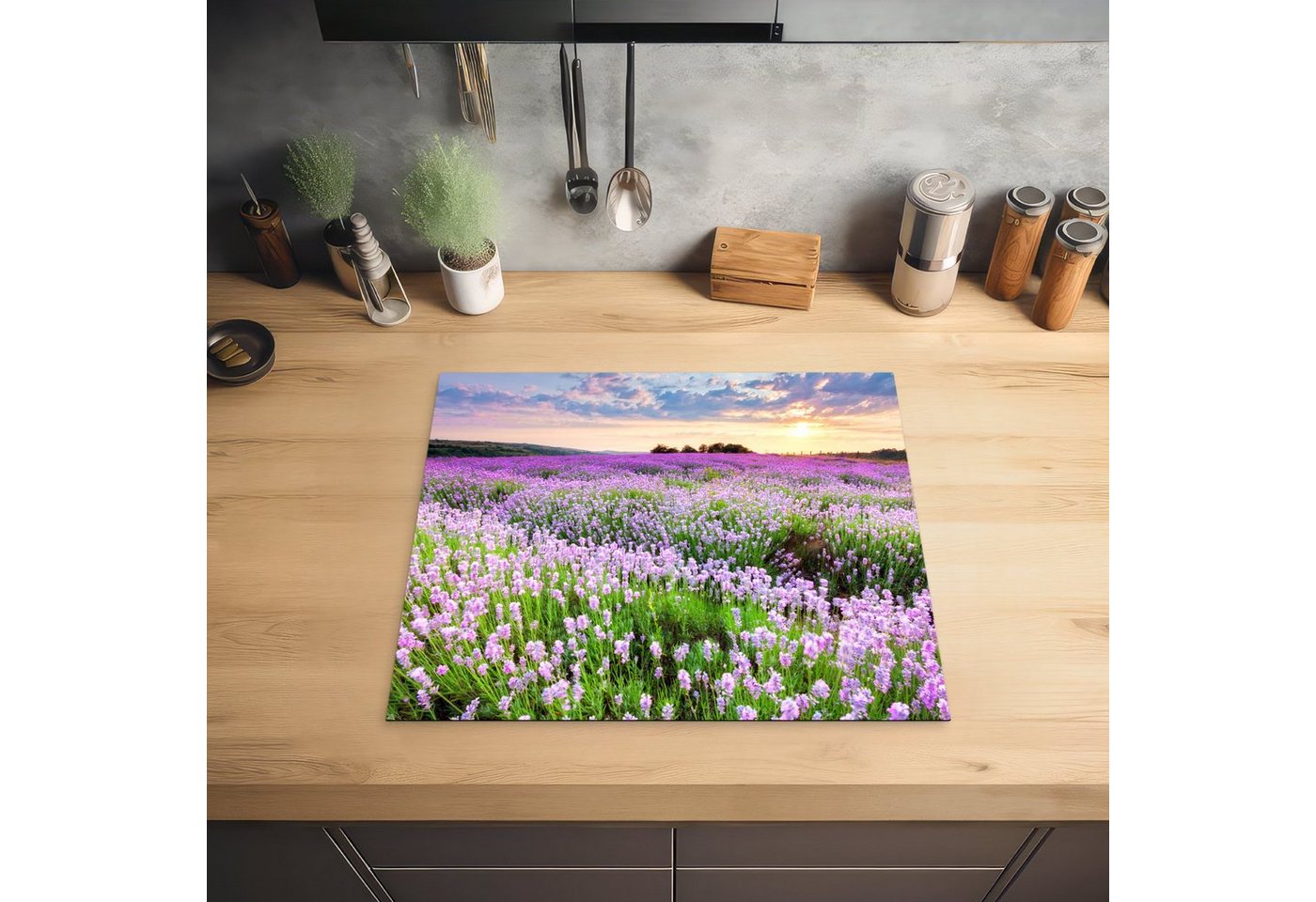 MuchoWow Herd-Abdeckplatte Blumen - Lavendel - Lila - Himmel - Sonnenuntergang - Wiese - Natur, Vinyl, (1 tlg), Abdeckplatte für Ceranfeld, Herd Inductionsmatte, 57.6x51.6 cm