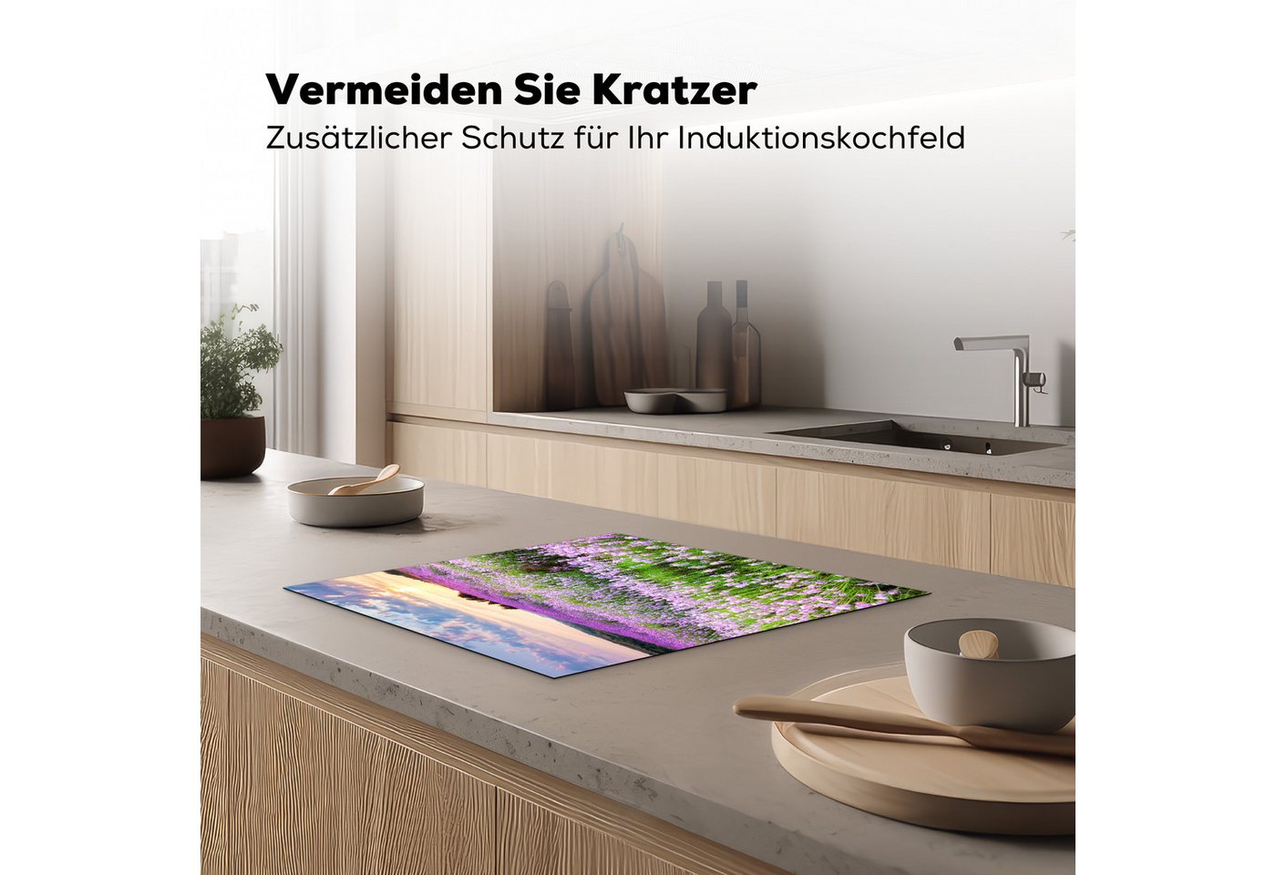 MuchoWow Herd-Abdeckplatte Blumen - Lavendel - Lila - Himmel - Sonnenuntergang - Wiese - Natur, Vinyl, (1 tlg), Abdeckplatte für Ceranfeld, Herd Inductionsmatte, 57.6x51.6 cm Bild 2