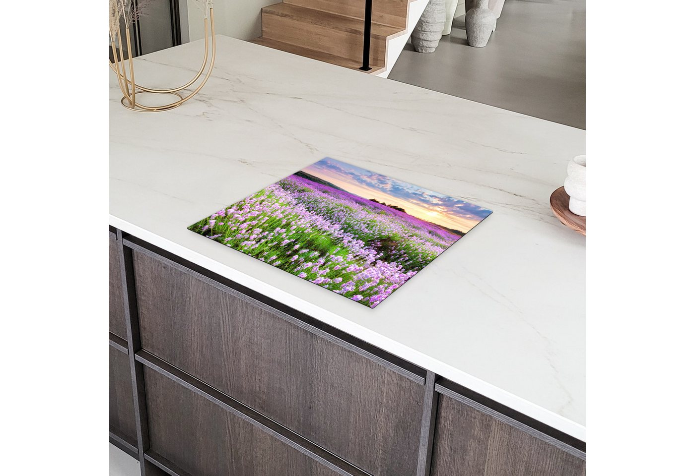 MuchoWow Herd-Abdeckplatte Blumen - Lavendel - Lila - Himmel - Sonnenuntergang - Wiese - Natur, Vinyl, (1 tlg), Abdeckplatte für Ceranfeld, Herd Inductionsmatte, 57.6x51.6 cm Bild 3