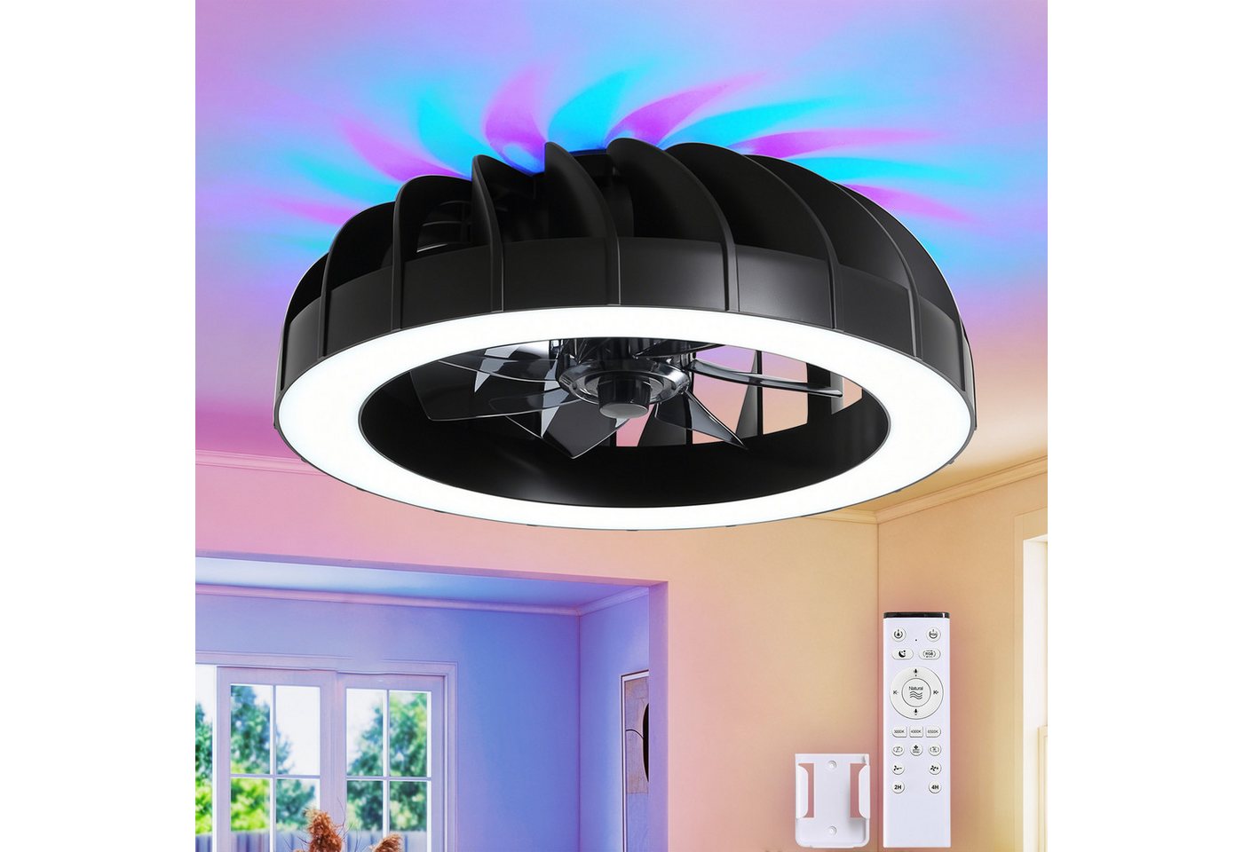 RRBEST Deckenventilator RGB Deckenventilator mit Beleuchtung, Dimmbar Deckenleuchte, mit Fernbedienung, 6 Windstufen, 3000K-6500K