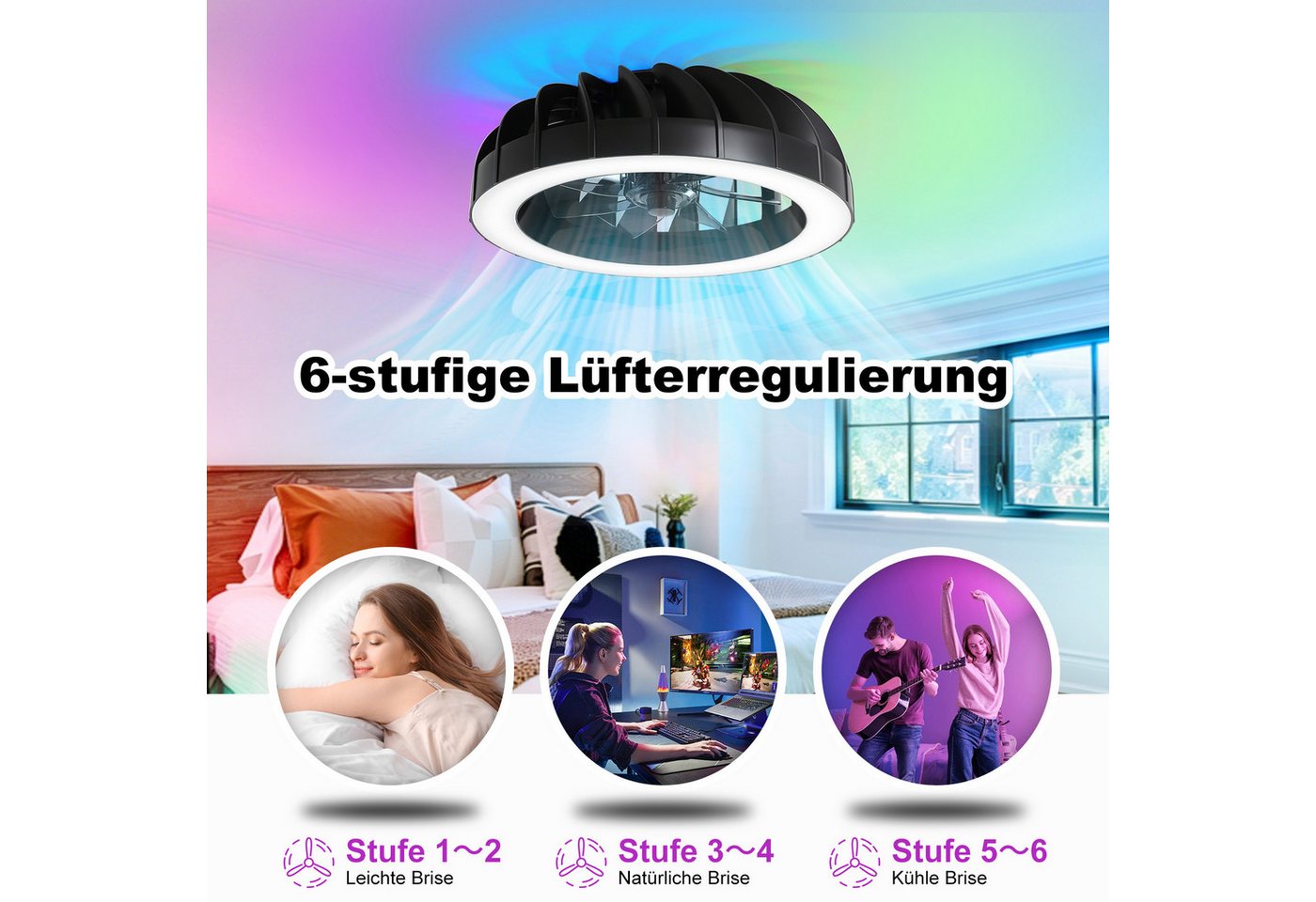 RRBEST Deckenventilator RGB Deckenventilator mit Beleuchtung, Dimmbar Deckenleuchte, mit Fernbedienung, 6 Windstufen, 3000K-6500K Bild 3