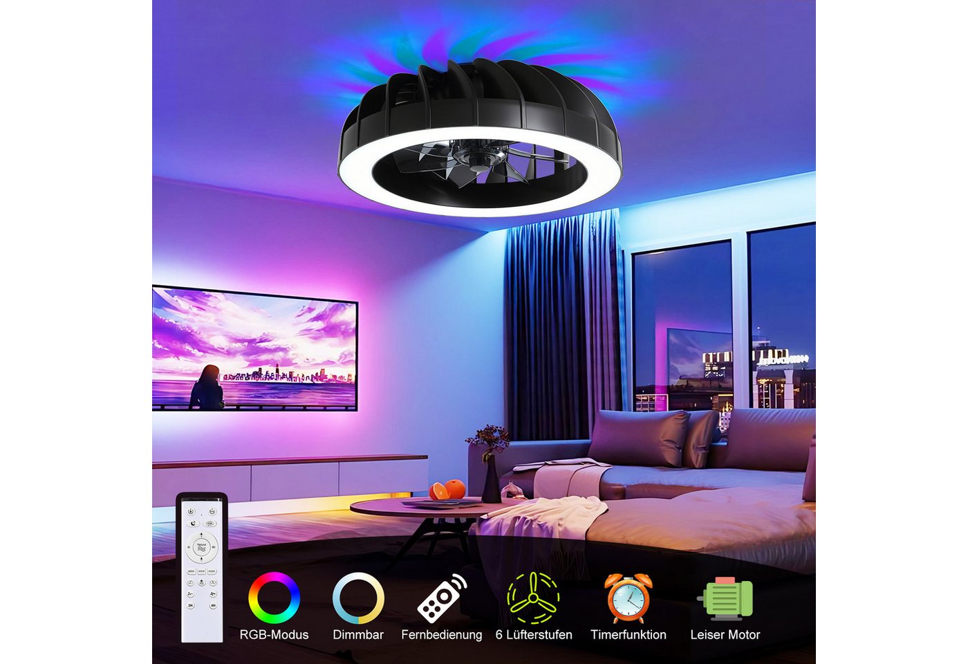 RRBEST Deckenventilator RGB Deckenventilator mit Beleuchtung, Dimmbar Deckenleuchte, mit Fernbedienung, 6 Windstufen, 3000K-6500K Bild 5