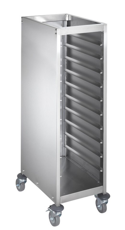 GastroHero Tischwagen Tablettwagen ECO 10 geschlossen Edelstahl Wagen 10 Tabletts, Zwei integrierte Feststellbremsen, geschlossene Bauweise