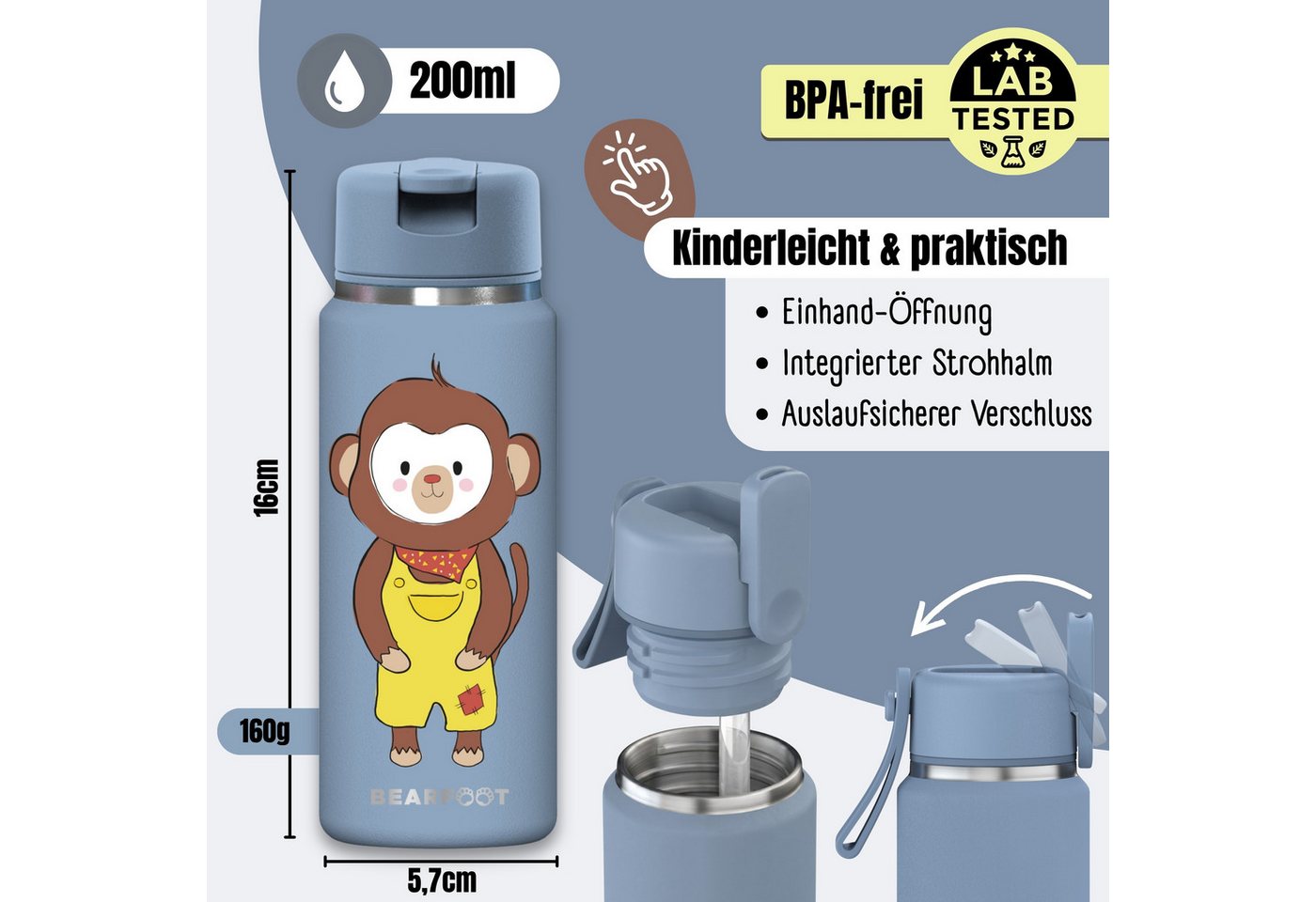 BEARFOOT Trinkflasche TINY Thermo Kinder Trinkflasche Edelstahl - Affe, Thermosflasche, auslaufsicher, Edelstahl, Kinderflasche, BPA-frei Bild 5
