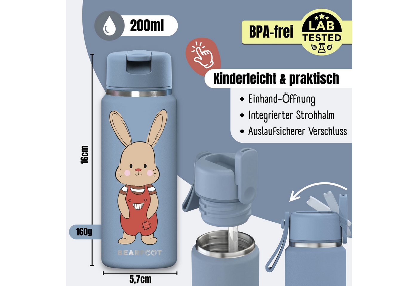 BEARFOOT Trinkflasche TINY Thermo Kinder Trinkflasche Edelstahl - Hase, Thermosflasche, auslaufsicher, Edelstahl, Kinderflasche, BPA-frei Bild 5