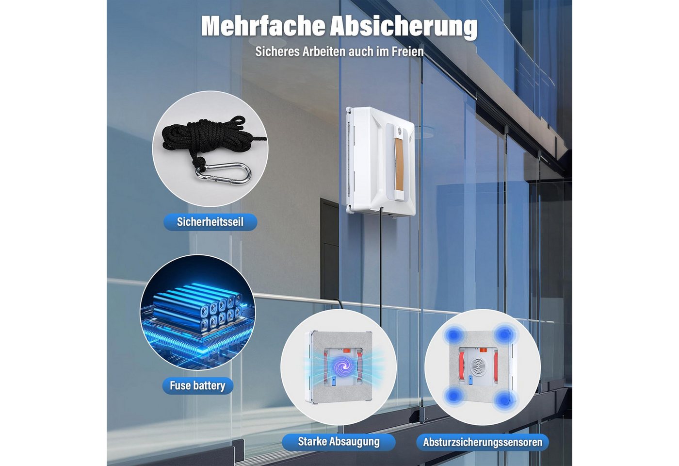 AIBISTAR Fensterputzroboter Fenstersauger Automatischer Fensterreiniger Elektrisch 6000KPA, (1-St) 100 ml Wassertank,Intelligentes Sprühsystem,Absturzsicherung