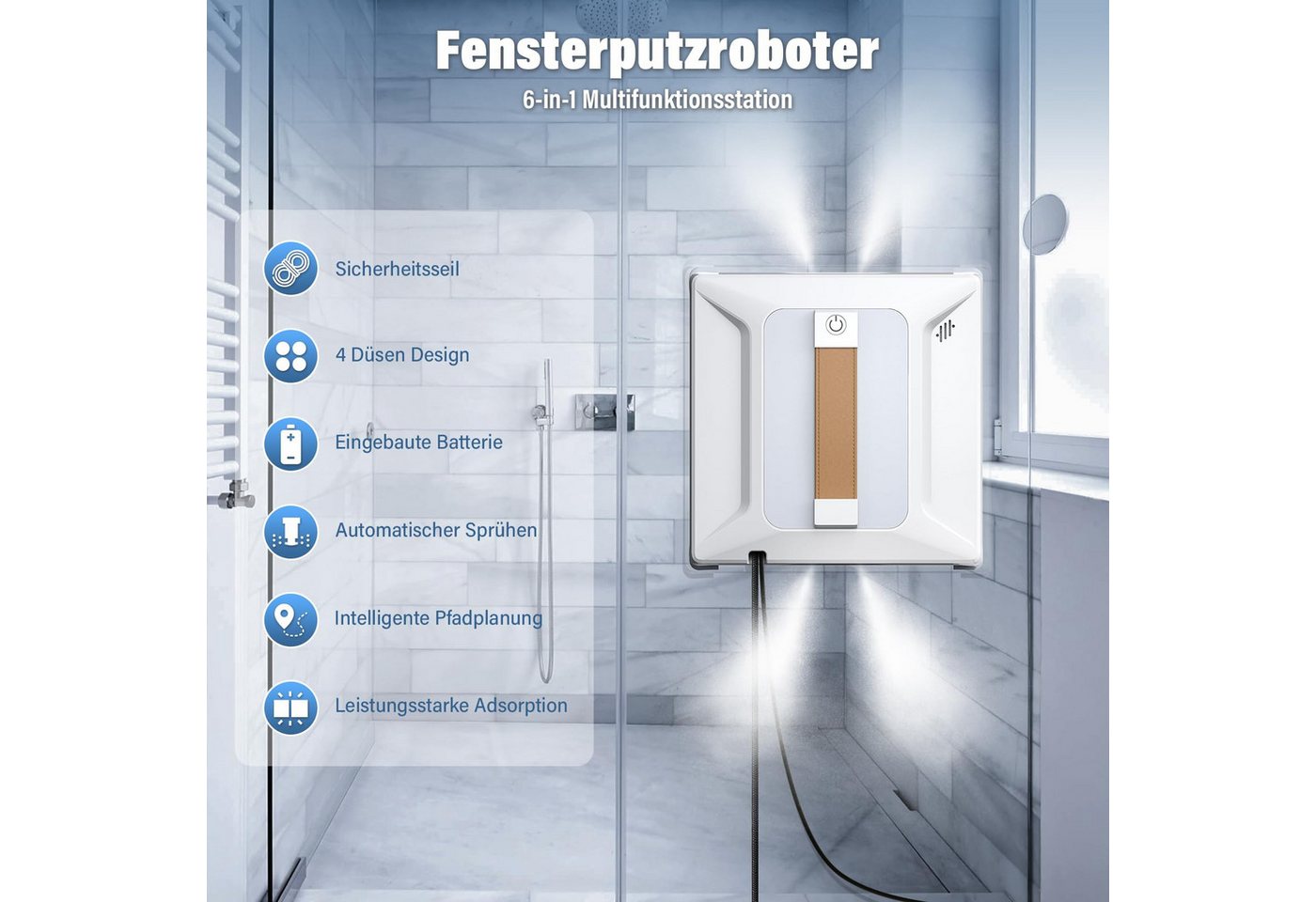 AIBISTAR Fensterputzroboter Fenstersauger Automatischer Fensterreiniger Elektrisch 6000KPA, (1-St) 100 ml Wassertank,Intelligentes Sprühsystem,Absturzsicherung Bild 2