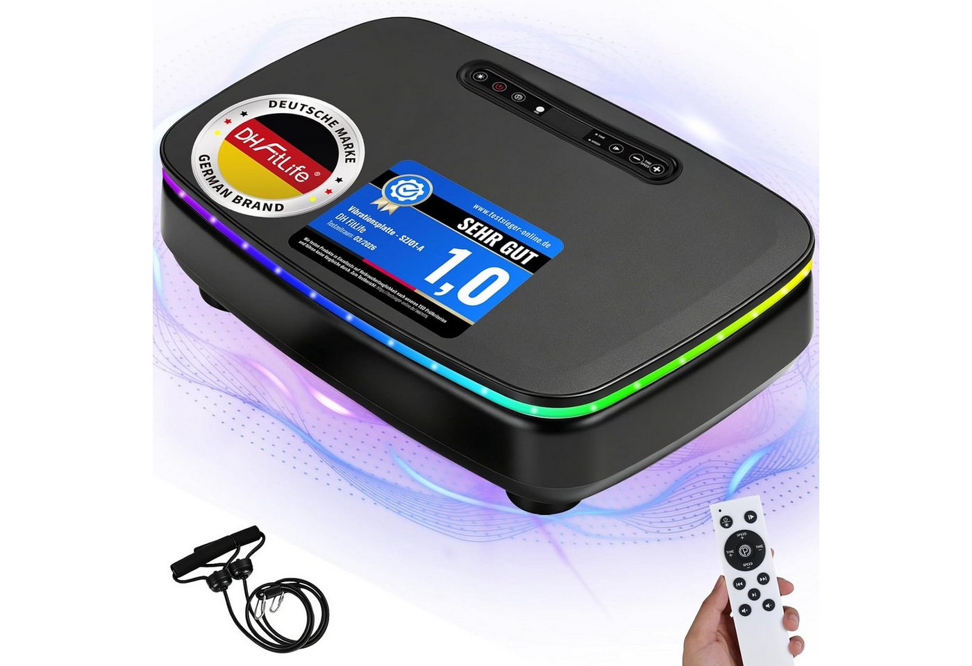 DH FitLife Vibrationsplatte für Zuhause, 99 Stufen & 9 Auto-Programme, 150 W, 99 Intensitätsstufen, (Set, mit Trainingsbändern), Bluetooth, leise, mit Fernbedienung & Trainingsbändern, bis 150 kg Bild 2