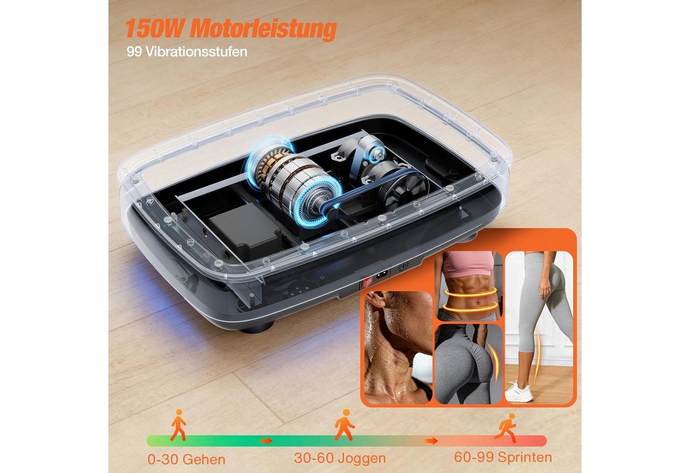 DH FitLife Vibrationsplatte für Zuhause, 99 Stufen & 9 Auto-Programme, 150 W, 99 Intensitätsstufen, (Set, mit Trainingsbändern), Bluetooth, leise, mit Fernbedienung & Trainingsbändern, bis 150 kg Bild 3