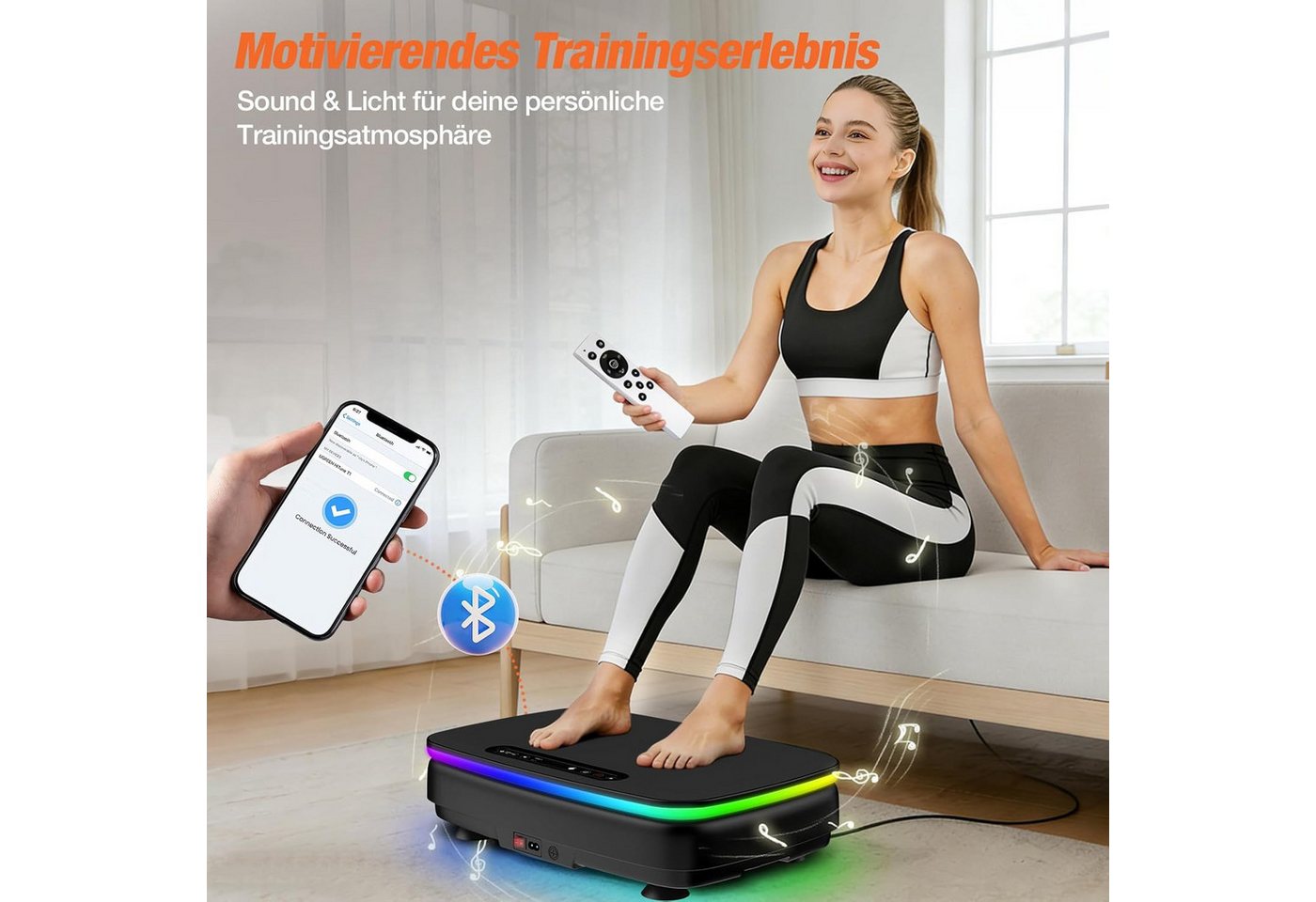 DH FitLife Vibrationsplatte für Zuhause, 99 Stufen & 9 Auto-Programme, 150 W, 99 Intensitätsstufen, (Set, mit Trainingsbändern), Bluetooth, leise, mit Fernbedienung & Trainingsbändern, bis 150 kg Bild 4