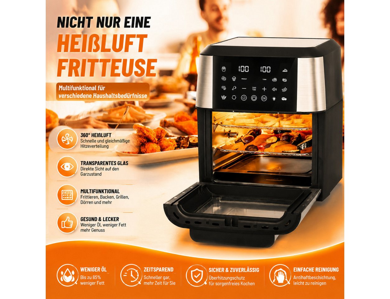 PHILODECO Heißluftfritteuse Mini-Backofen 12L, 1800W, 12 Programme, Sichtfenster, Innenbeleuchtung, 1800 W, Innenbeleuchtung, Timer, 7 Anhänge Bild 3
