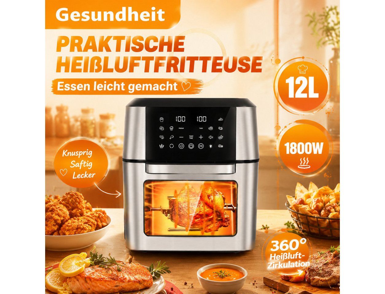 PHILODECO Heißluftfritteuse Mini-Backofen 12L, 1800W, 12 Programme, Sichtfenster, Innenbeleuchtung, 1800 W, Innenbeleuchtung, Timer, 7 Anhänge Bild 4