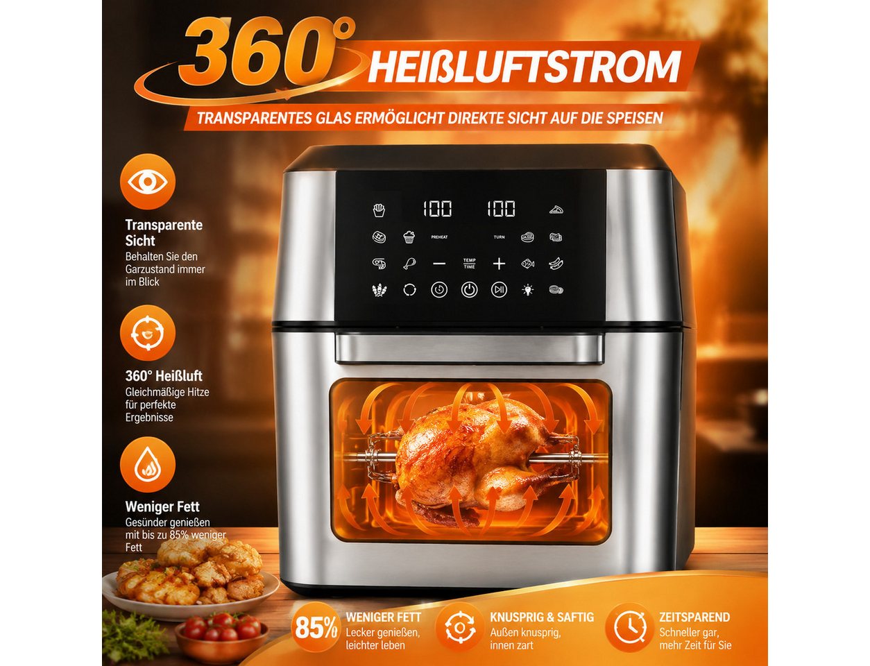 PHILODECO Heißluftfritteuse Mini-Backofen 12L, 1800W, 12 Programme, Sichtfenster, Innenbeleuchtung, 1800 W, Innenbeleuchtung, Timer, 7 Anhänge Bild 5