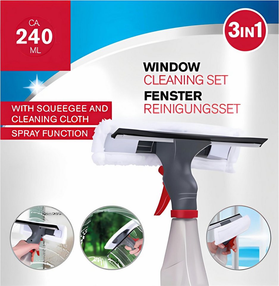EDCO Fensterreiniger 3in1 FENSTERREINIGER Set Sprühflasche Fensterwischer Fensterputzer 45, Fensterabzieher Fensterwischer Abzieher Putztuch Lippe