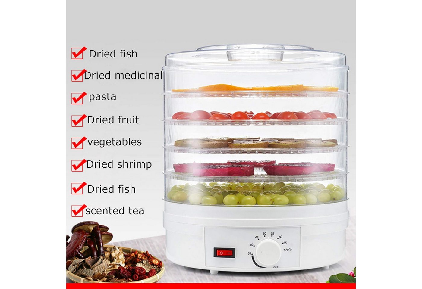 ibettertec Dörrautomat Dörrgerät mit 5 Einlegefächer, Dörrautomat mit Temperaturregler 350 W, 5 Etagen, 5 Etagen Dehydrator,Obsttrockner für Obst,Fleisch,Kräuter,BPA-frei