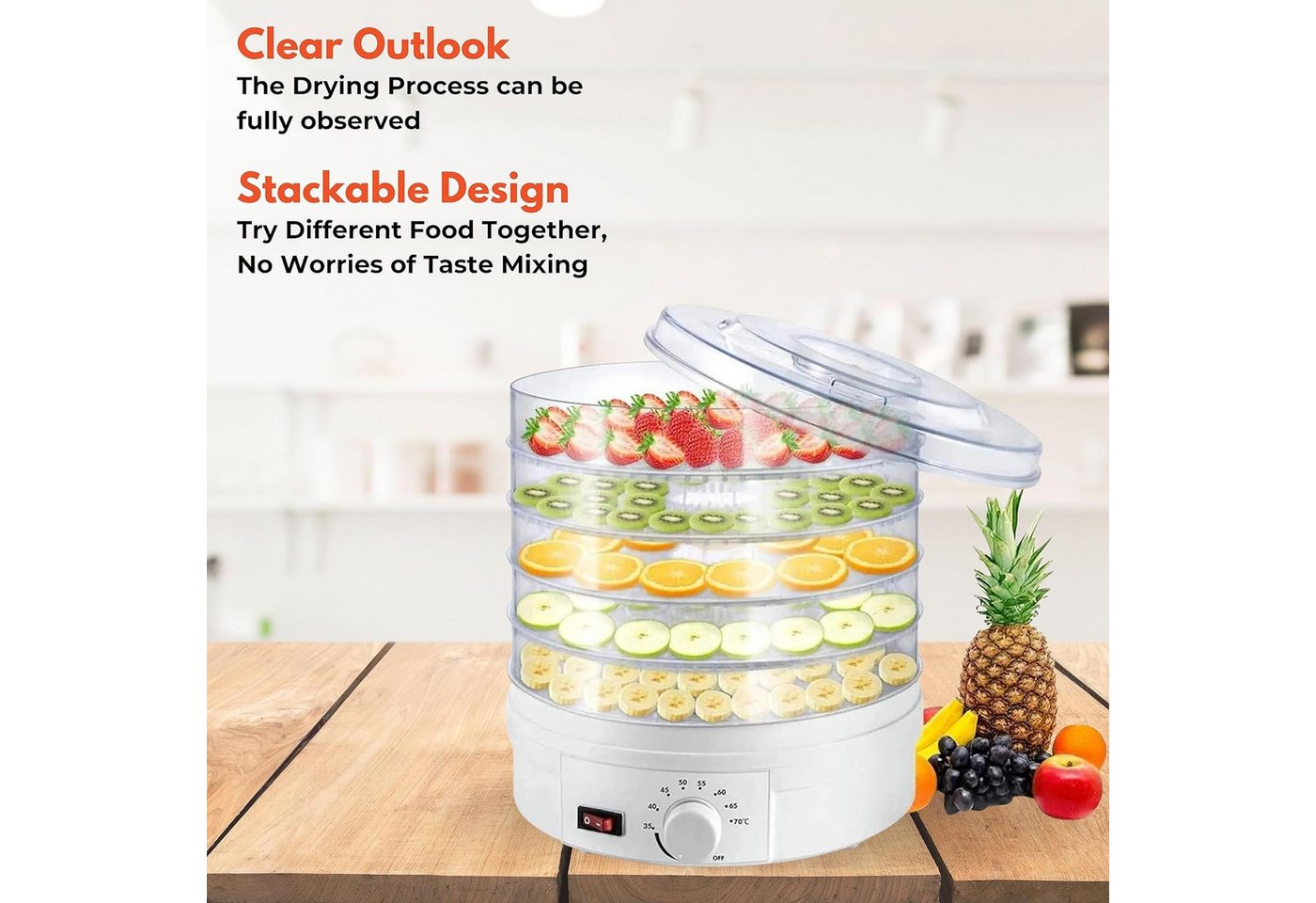 ibettertec Dörrautomat Dörrgerät mit 5 Einlegefächer, Dörrautomat mit Temperaturregler 350 W, 5 Etagen, 5 Etagen Dehydrator,Obsttrockner für Obst,Fleisch,Kräuter,BPA-frei Bild 2
