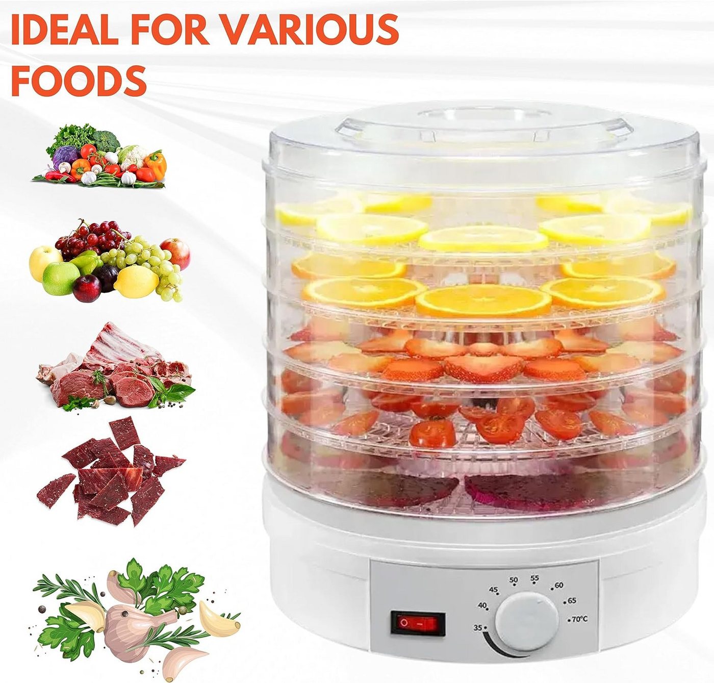 ibettertec Dörrautomat Dörrgerät mit 5 Einlegefächer, Dörrautomat mit Temperaturregler 350 W, 5 Etagen, 5 Etagen Dehydrator,Obsttrockner für Obst,Fleisch,Kräuter,BPA-frei Bild 4