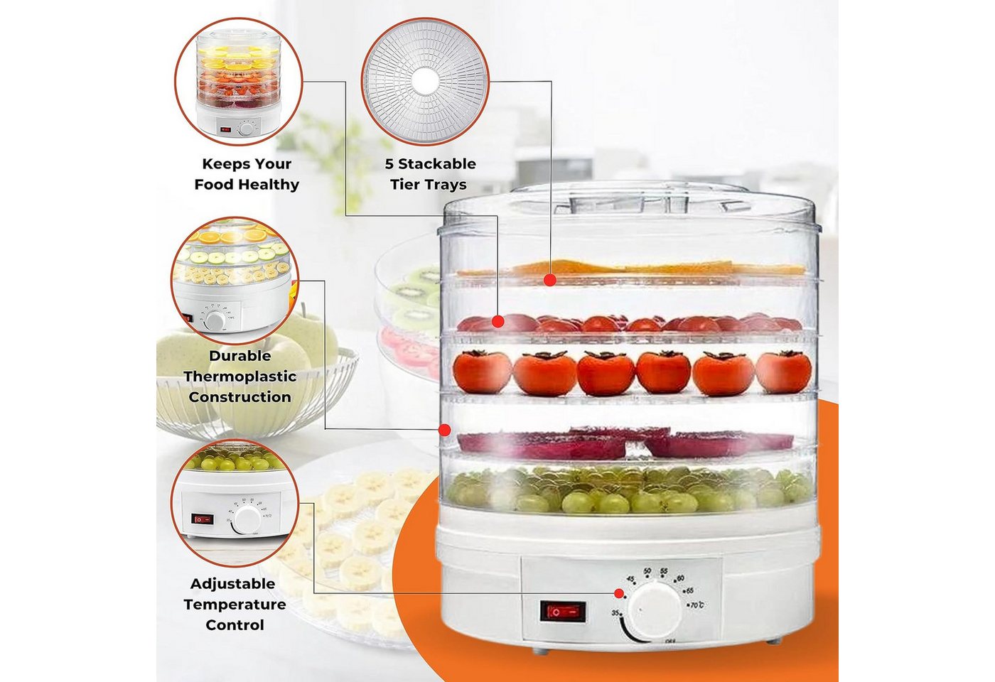 ibettertec Dörrautomat Dörrgerät mit 5 Einlegefächer, Dörrautomat mit Temperaturregler 350 W, 5 Etagen, 5 Etagen Dehydrator,Obsttrockner für Obst,Fleisch,Kräuter,BPA-frei Bild 5