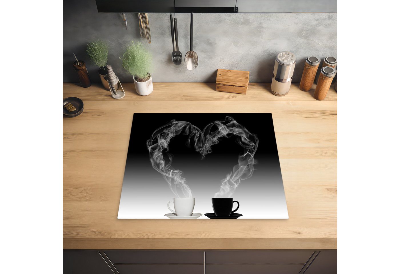 MuchoWow Herd-Abdeckplatte Kaffee - Herz - Wasserdampf - Schwarz - Weiß, Vinyl, (1 tlg), Ceranfeldabdeckung Küche, Herdabdeckplatte Einteilig, 60x52 cm
