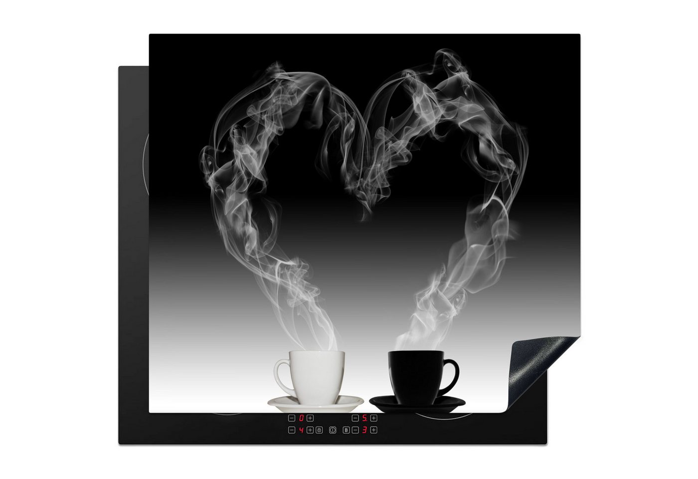 MuchoWow Herd-Abdeckplatte Kaffee - Herz - Wasserdampf - Schwarz - Weiß, Vinyl, (1 tlg), Ceranfeldabdeckung Küche, Herdabdeckplatte Einteilig, 60x52 cm Bild 3