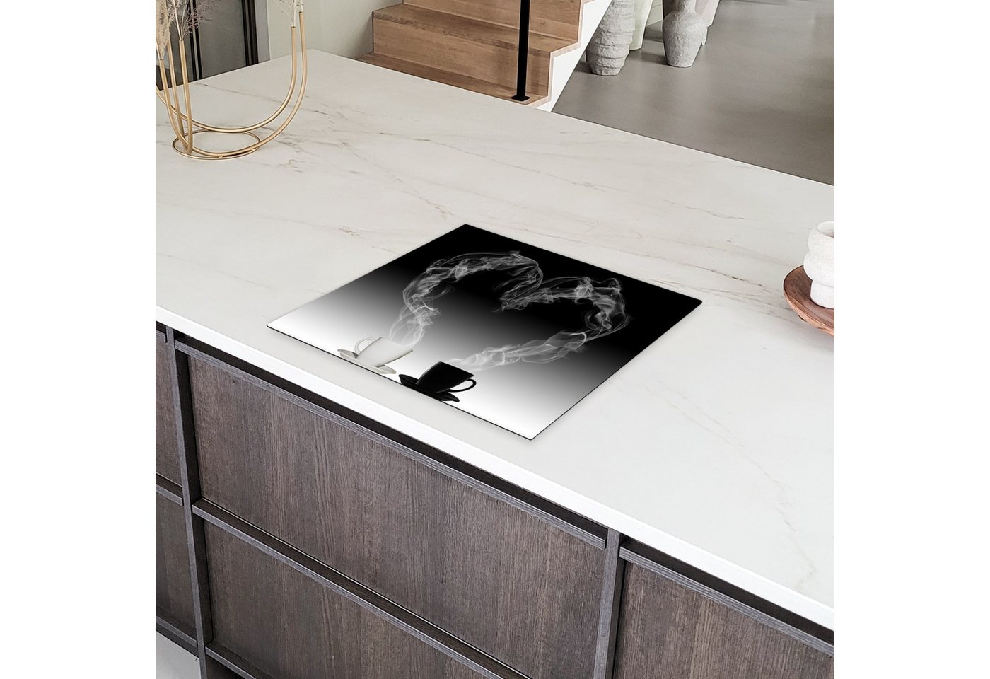 MuchoWow Herd-Abdeckplatte Kaffee - Herz - Wasserdampf - Schwarz - Weiß, Vinyl, (1 tlg), Ceranfeldabdeckung Küche, Herdabdeckplatte Einteilig, 60x52 cm Bild 4