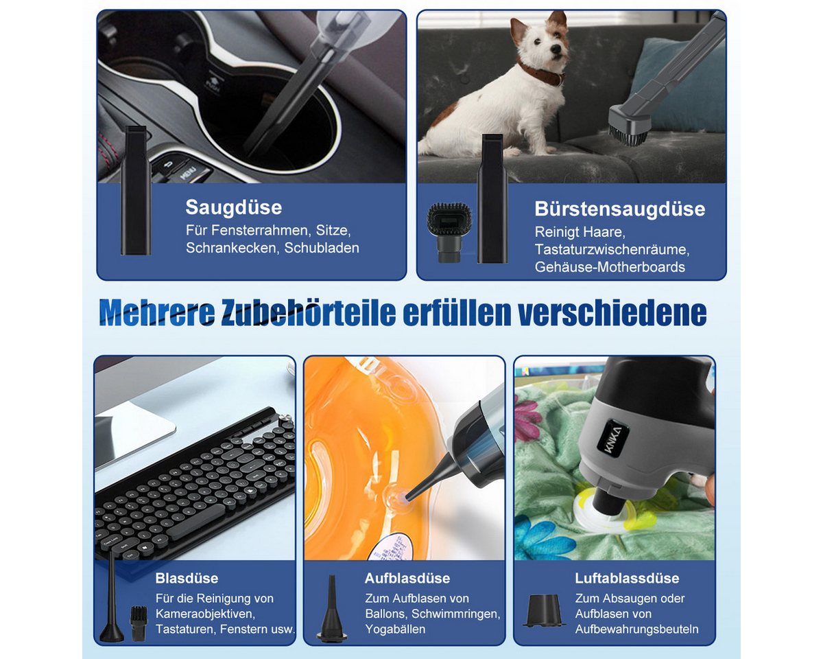 KNKA Akku-Handstaubsauger 3 in 1 Auto-Staubsauger,9000pa USB aufladbar Tragbar Mini Staubsauger, 120 W, kabellos, mit HEPA-Filter, für Büro Genutzt, Haus, Küche, Tierhaare