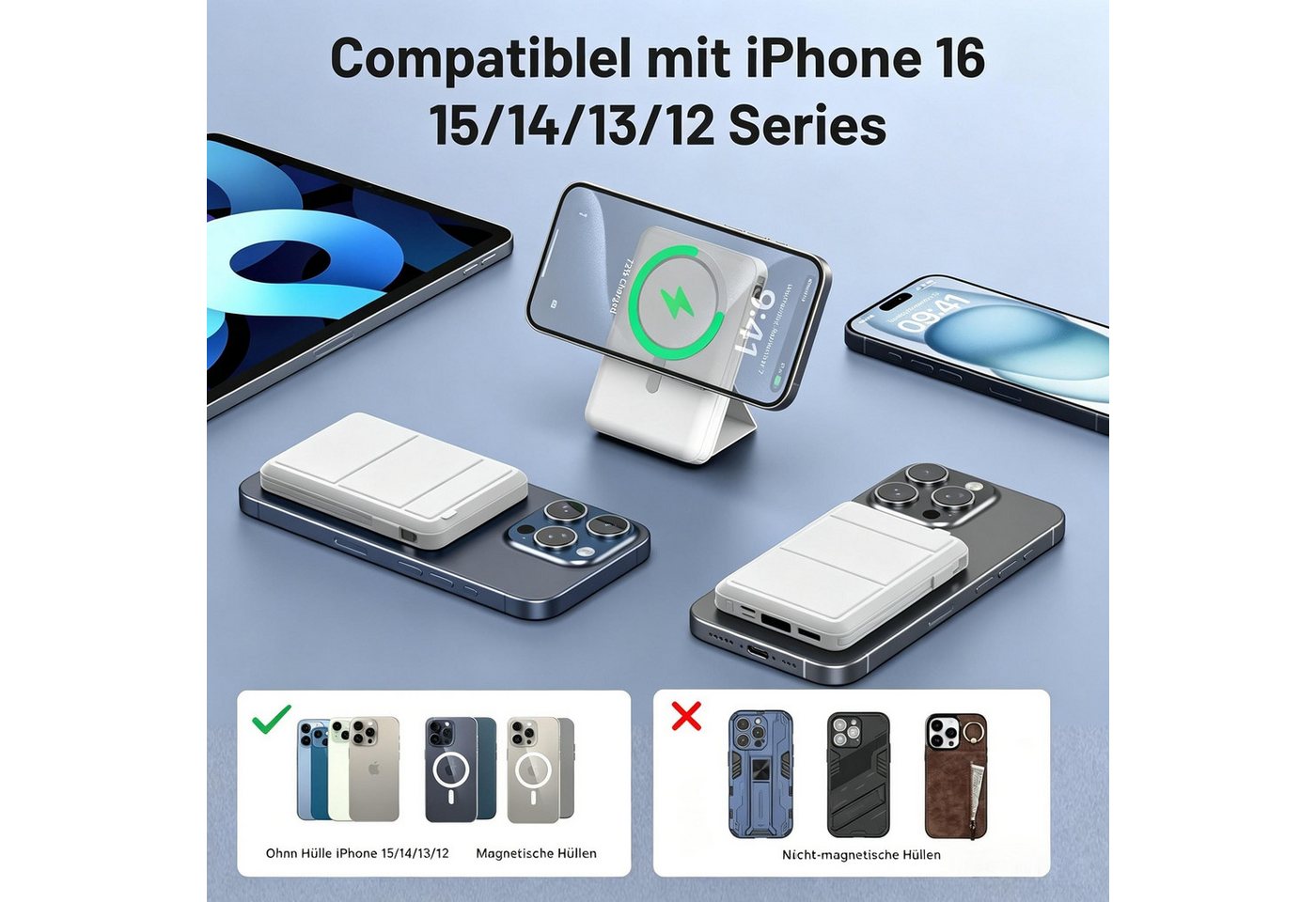 AIBISTAR 10000mAh Magnetisch MagSafe Powerbank mit 2 Kabel Klappständer LED Powerbank Magnet-Powerbank 10000 mAh, Magnetisches Wireless Charging,Kompatibel mit iPhone 12-17