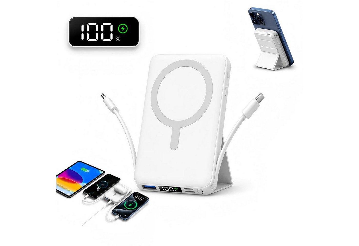 AIBISTAR 10000mAh Magnetisch MagSafe Powerbank mit 2 Kabel Klappständer LED Powerbank Magnet-Powerbank 10000 mAh, Magnetisches Wireless Charging,Kompatibel mit iPhone 12-17 Bild 5