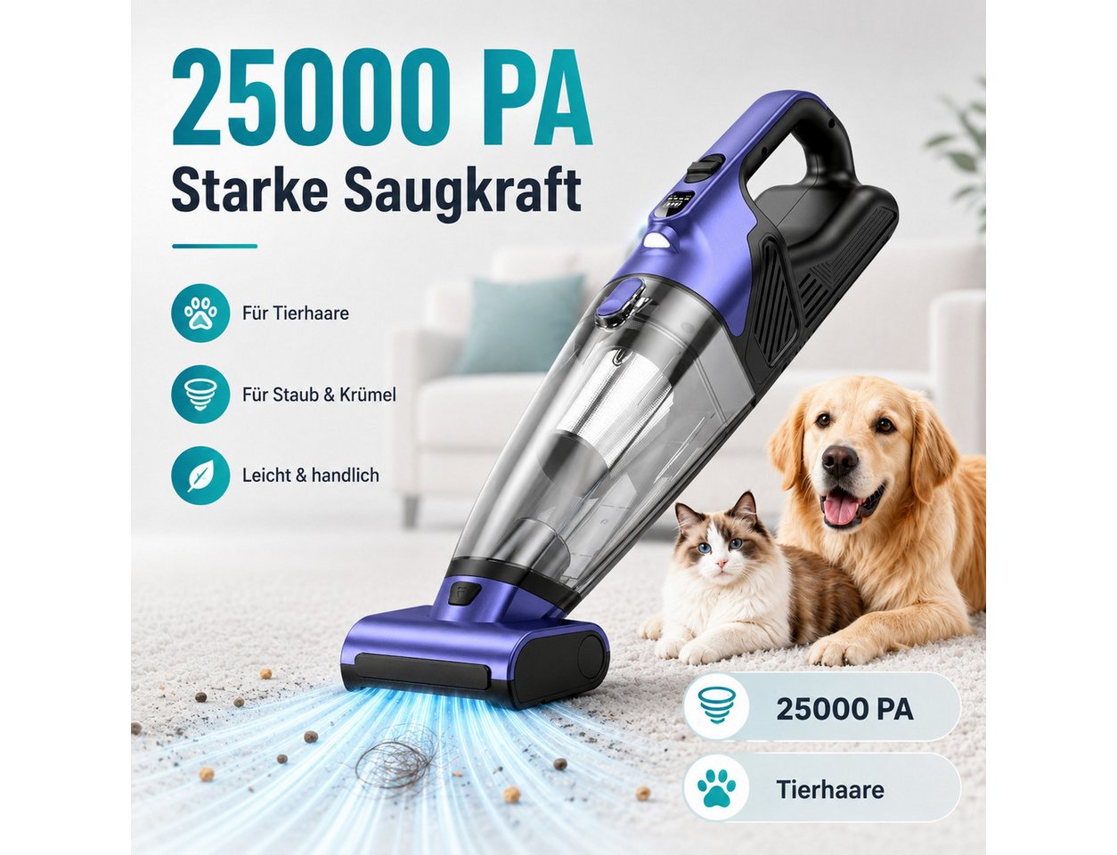 Lapalife Akku-Handstaubsauger Kabellos Stark Autostaubsauger 25000Pa Tragbarer Mini Staubsauger, Lange Akkulaufzeit 10400mAh für Sofas Autos Hundehaare