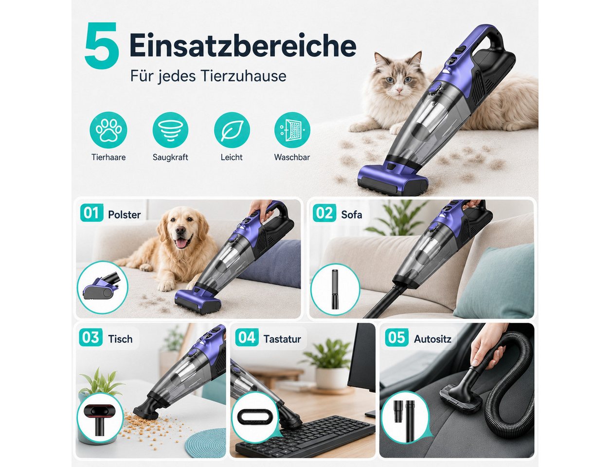 Lapalife Akku-Handstaubsauger Kabellos Stark Autostaubsauger 25000Pa Tragbarer Mini Staubsauger, Lange Akkulaufzeit 10400mAh für Sofas Autos Hundehaare Bild 5