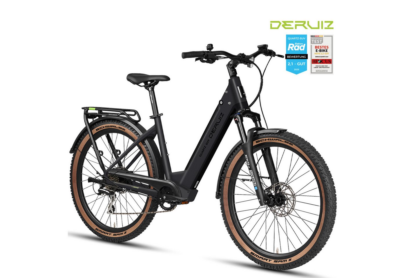 DERUIZ E-Bike Trekkingrad 28 Zoll, Quartz/Quartz SUV, 160km, Bluetooth & APP, Tiefeinsteiger, 8 Gang SHIMANO Acera RD-M360 SGS Schaltwerk, Kettenschaltung, Heckmotor, 644 Wh, (Federgabel mit Lockout, Drehmomentsensor + Kadenzsensor, bis zu 170kg), SUV, Aluminiumrahmen, 120Lux Licht, Elektrofahrrad für Damen Herren