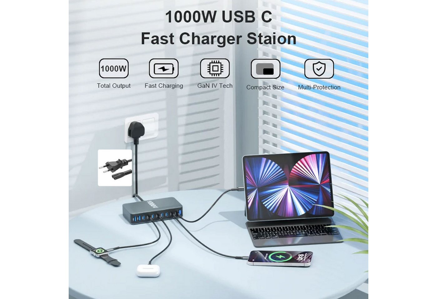 keepdrum keepdrum USB-Schnell-Ladestation GaN10 10 Anschlüsse Ladestation (Desktop-Ladestation, Fast-Charger, Leistungsstarke USB-Ladestation für 10 Geräte)