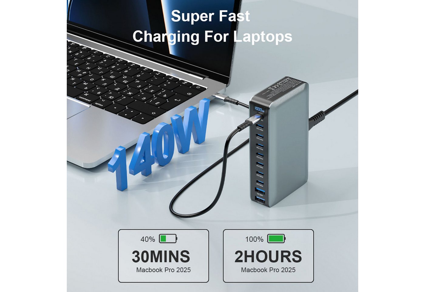 keepdrum keepdrum USB-Schnell-Ladestation GaN10 10 Anschlüsse Ladestation (Desktop-Ladestation, Fast-Charger, Leistungsstarke USB-Ladestation für 10 Geräte) Bild 4