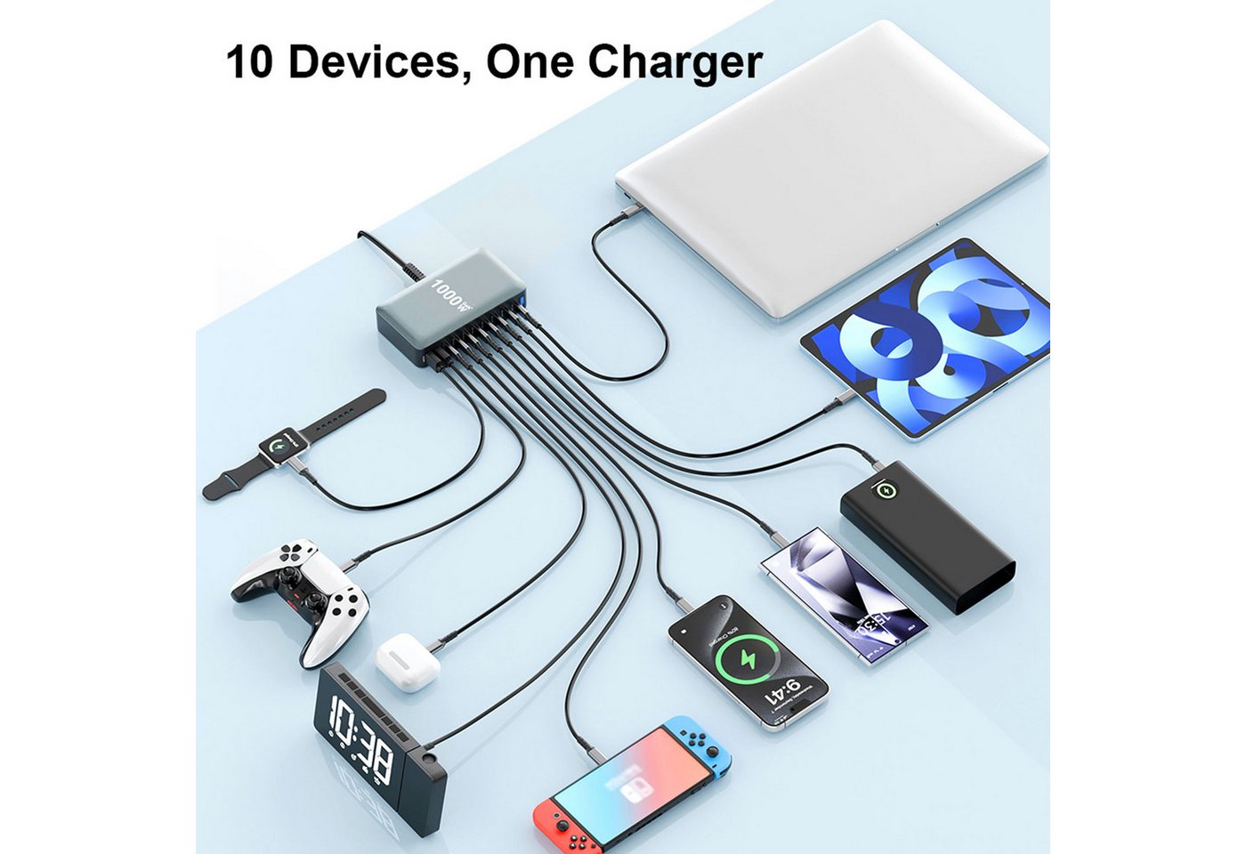 keepdrum keepdrum USB-Schnell-Ladestation GaN10 10 Anschlüsse Ladestation (Desktop-Ladestation, Fast-Charger, Leistungsstarke USB-Ladestation für 10 Geräte) Bild 5