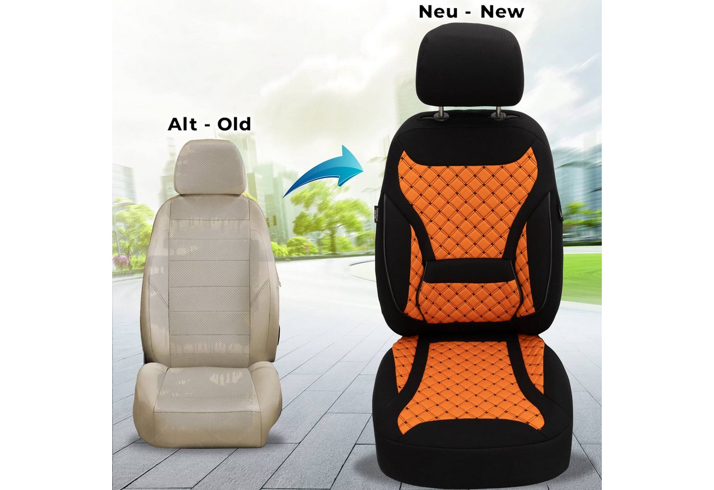 BREMER SITZBEZÜGE Autositzbezug für Renault Kangoo BJ ab 2021 (ZM3), Set, 2-tlg., Schonbezüge Sitzbezüge Fahrer und Beifahrer, in Schwarz/Orange Bild 2