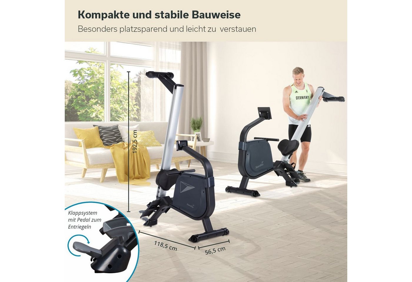 Skandika Rudergerät Njord Ruderergometer mit 16 Stufen, Studioqualität, für Zuhause (Laufschienen-Länge 128 cm, Transportrollen, Max. Körpergröße 195 cm), klappbar, 8 kg Schwungmassensystem, max. 180 kg, Kinomap, Bluetooth