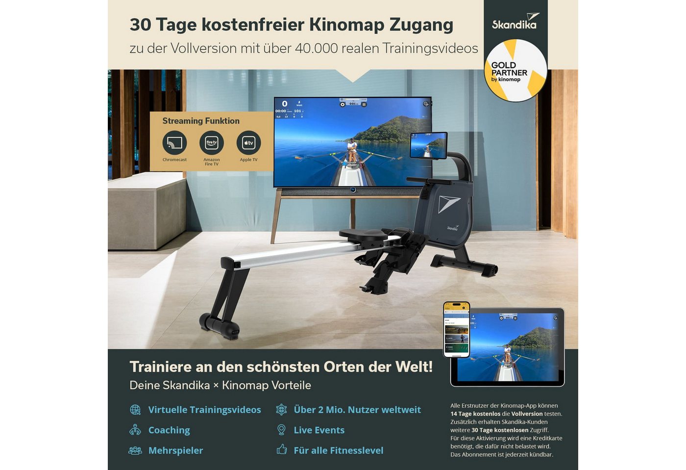 Skandika Rudergerät Njord Ruderergometer mit 16 Stufen, Studioqualität, für Zuhause (Laufschienen-Länge 128 cm, Transportrollen, Max. Körpergröße 195 cm), klappbar, 8 kg Schwungmassensystem, max. 180 kg, Kinomap, Bluetooth Bild 2