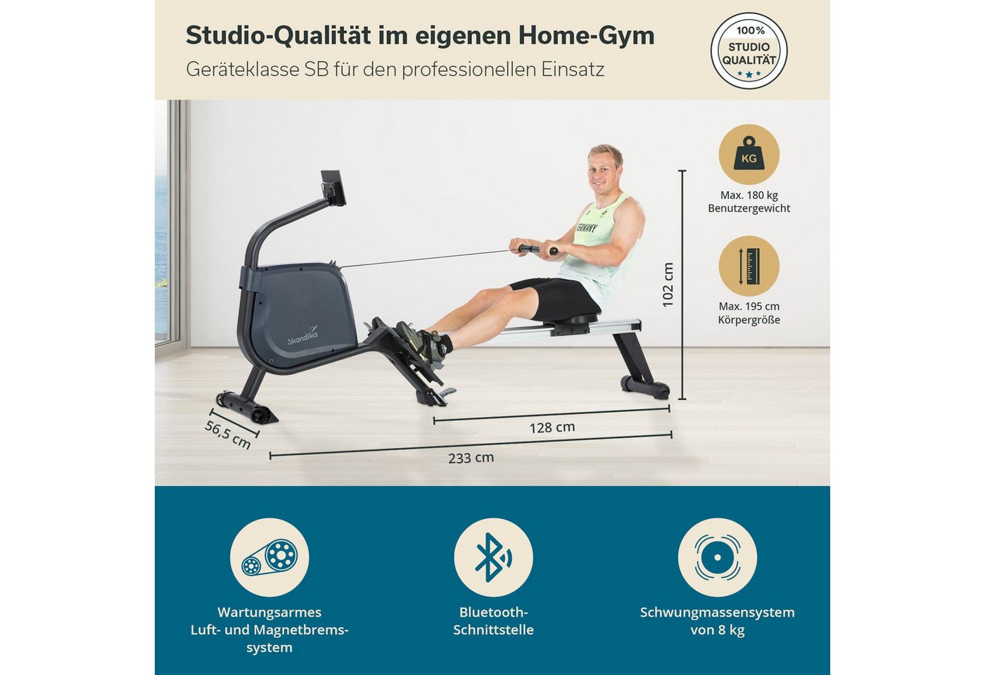 Skandika Rudergerät Njord Ruderergometer mit 16 Stufen, Studioqualität, für Zuhause (Laufschienen-Länge 128 cm, Transportrollen, Max. Körpergröße 195 cm), klappbar, 8 kg Schwungmassensystem, max. 180 kg, Kinomap, Bluetooth Bild 3